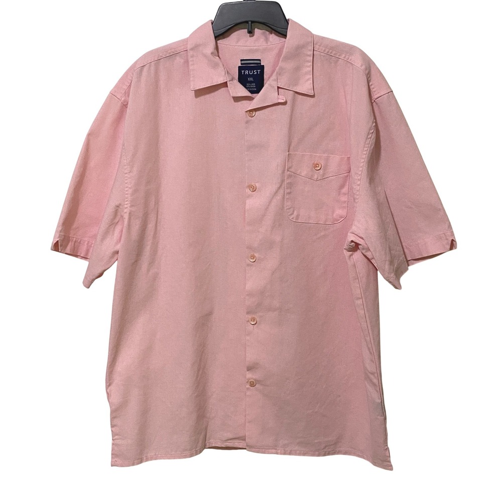 Mens XXL Pink Linen Blend Short Sleeve Camp Collar Button Up Shirt Resort Wear